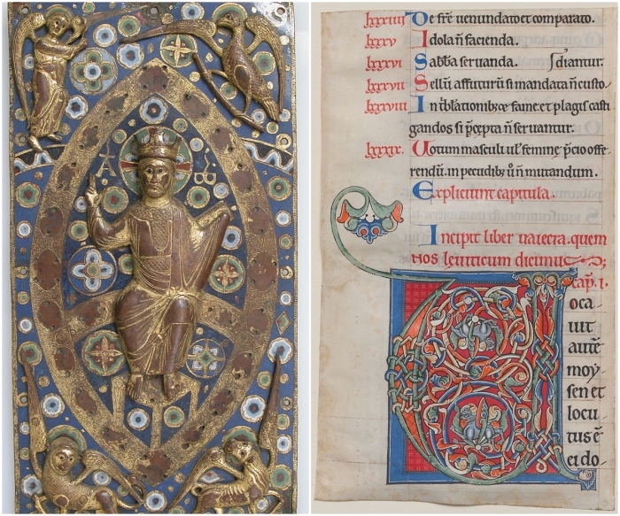 Слева направо: Табличка на обложке книги с изображением Христа в Величии ок. 1185-1210 гг. \ Средневековая иллюстрированная рукопись, ок. 1175-95 гг.