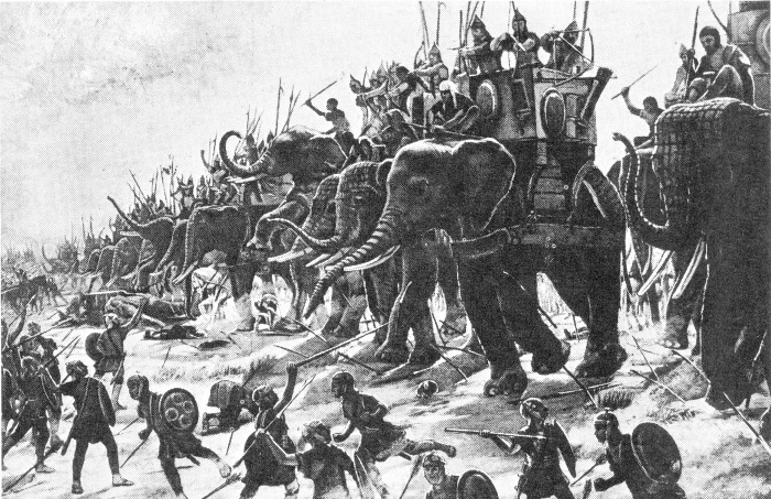 Карфагенские боевые слоны вступают в бой с римской пехотой в битве при Заме, Анри-Поль Мотт, 1906 год. \ Фото: google.com.