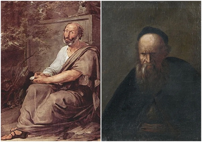 Слева направо: Аристотель, Франческо Айец (Хайес Франческо), холст, масло, 1811 год. \ Аристотель, Иоганн Якоб Дорнер Старший, холст, масло, 1813 год.