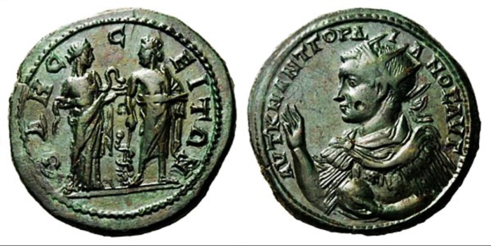 Римская монета  с изображением Асклепия с Гигией на одной стороне и портретом Гордиана III на другой стороне. \ Фото: bing.com.