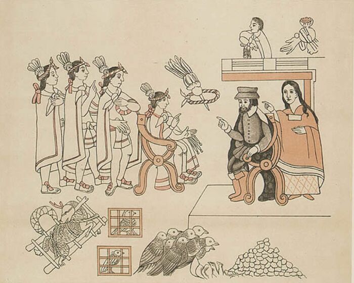 Встреча Монтесумы II и Эрнана Кортеса с переводчицей Малинче 8 ноября 1519 года. \ Фото: wikipedia.org.