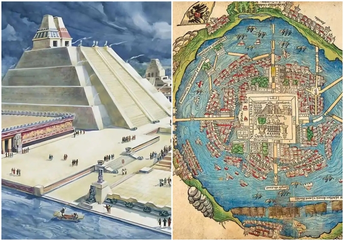 Слева направо: Художественное изображение Темпло Майор в Теночтитлане. \ Карта Теночтитлана.