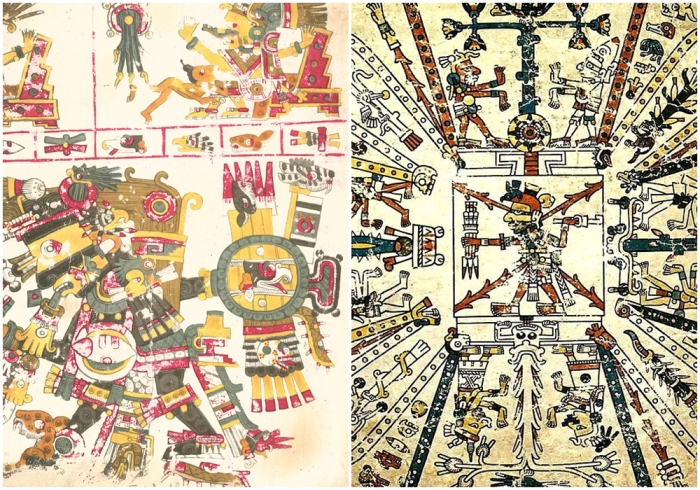 Слева направо: Божество Тескатлипока, изображенное в кодексе Борджиа, один из немногих сохранившихся доиспанских кодексов. \ Космологический рисунок, изображающий бога огня Шиутекутли в центре мира.