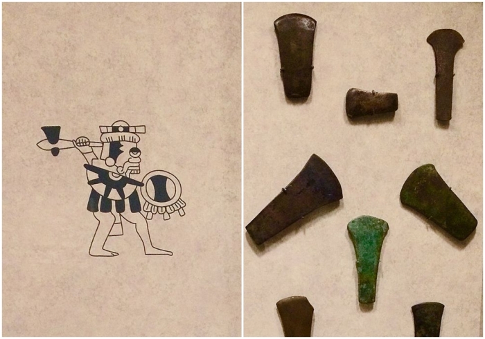 Слева направо: Ацтек с топором. \ Лезвия ацтекских металлических топоров.