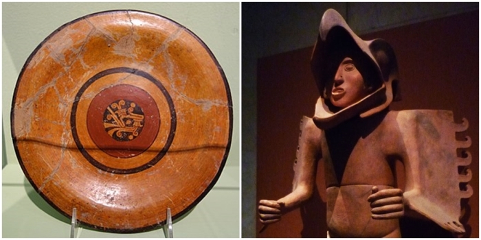 Слева направо: Типичная ацтекская керамика. \ Большая керамическая статуя ацтекского воина-орла.