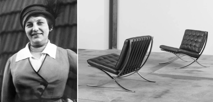 Слева направо: Автопортрет Лилли Райх. \ Барселонское кресло Людвига Мис Ван дер Роэ и Лилли Райх, 1929 год. \ Фото: pinterest.ru.