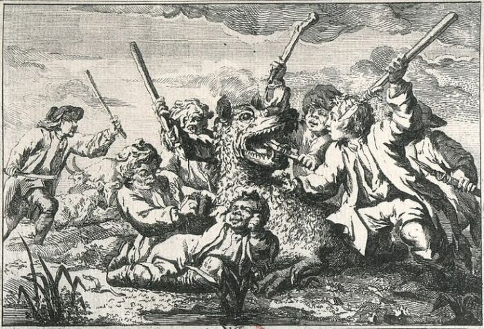 Гравюра XVIII века, изображающая спасение Жака Портфе и его друзей от Зверя. \ Фото: i.pinimg.com.