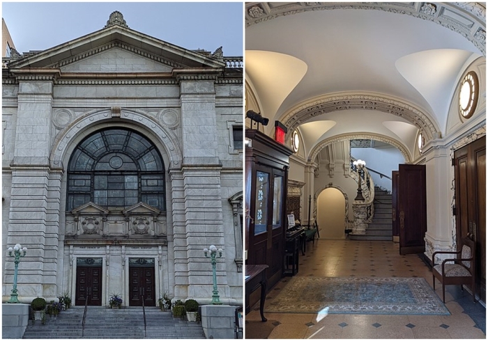 Слева направо: Вторая церковь Христа-Учёного, Нью-Йорк, США. \ Фрагмент фойе, справа виден выход на улицу, слева — вход в зал.