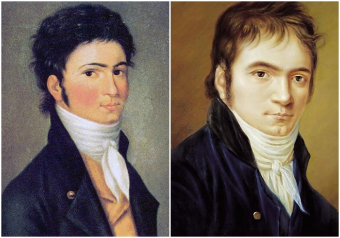 Слева направо: Бетховен в тридцать лет. \ Фото: Портрет Людвига ван Бетховена, работа Кристиана Хорнемана, 1803 год.
