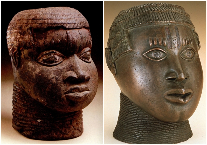 Слева направо: Глиняная голова. \ Памятная трофейная голова из бронзы, конец XV - начало XVI века.