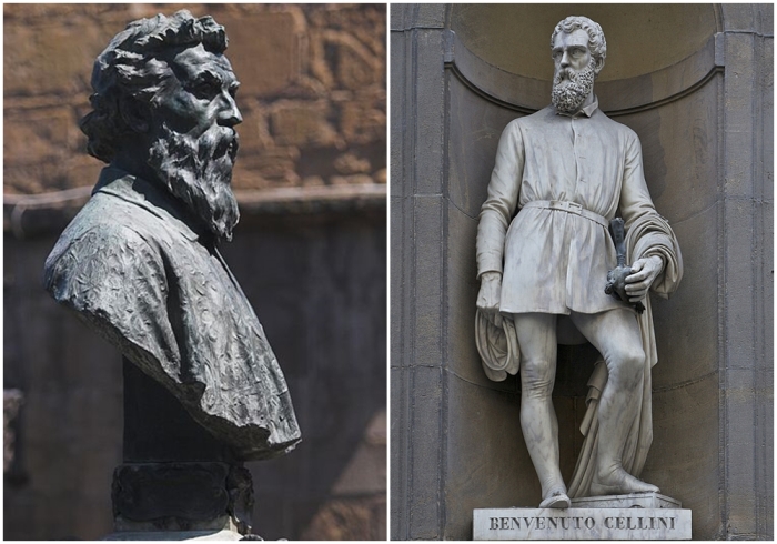 Слева направо: Бюст Бенвенуто Челлини на Понте-Веккьо, Флоренция. \ Статуя Челлини, площадь Уффици, Флоренция.