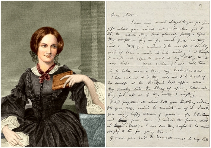 Слева направо: Шарлотта Бронте, портрет 1873 года. \ Письмо Шарлотты своей подруге Эллен Насси, 1844 год.