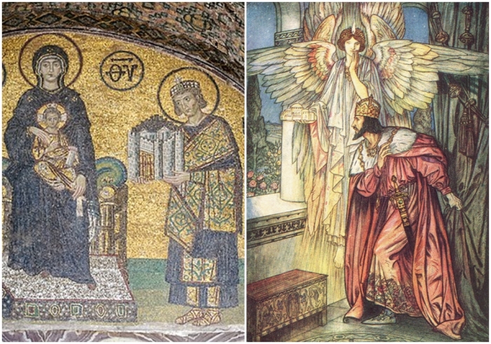 Слева направо: Мозаика собора Святой Софии, изображающая Деву Марию, держащую младенца Христа на коленях, справа от неё стоит Юстиниан. \ Иллюстрация ангела, показывающего Юстиниану модель собора Святой Софии в видении, Герберт Коул, 1912 год.