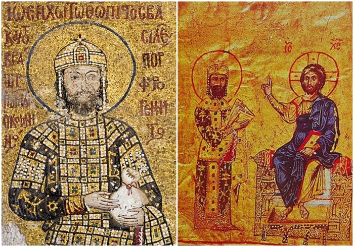 Слева направо: Мозаика с изображением Иоанна II Комнина в Софийском соборе. \ Император Алексей I Комнин перед Христом (Миниатюра, XIII—XIV век, библиотека Афинского колледжа).