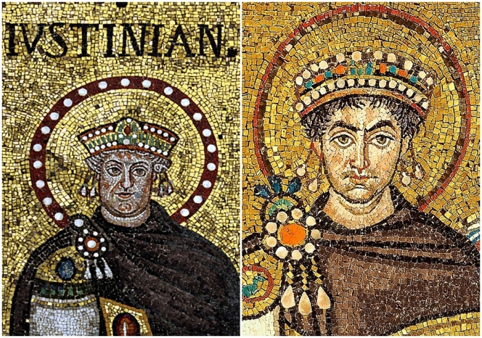 Слева направо: Более старый Юстиниан; мозаика в базилике Сант-Аполлинаре-Нуово, Равенна. \ Флавий Пётр Савватий Юстиниан.