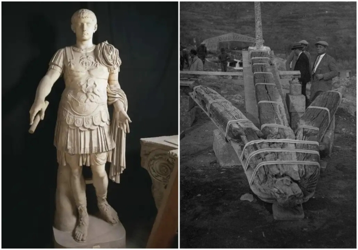 Слева направо: Статуя Калигулы в полном вооружении. \ Якорь корабля озера Неми, поднятый итальянскими археологами в начале XX века.