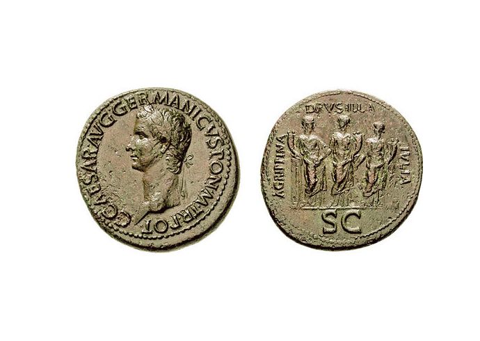 Орихалковый (латунный) сестерций с портретом Калигулы и изображениями трёх его сестёр, 37-38 годы. \ Фото: wikipedia.org.