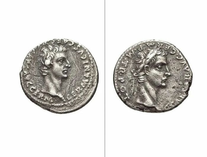 Серебряный денарий с портретами Германика и Калигулы в лавровом венке, 37-38 годы.