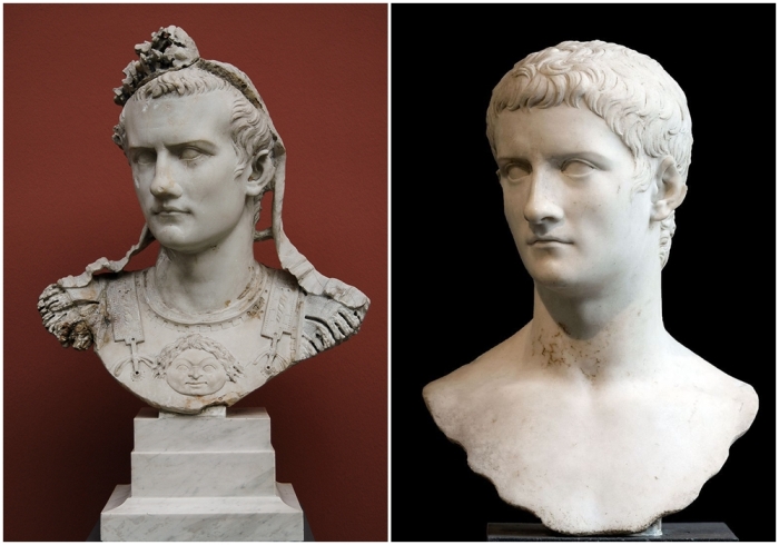 Слева направо: Бюст императора Калигулы в кирасе, 37-41 годы н.э. \ Мраморный бюст Калигулы, I век, Нью-Йорк, Метрополитен-музей.