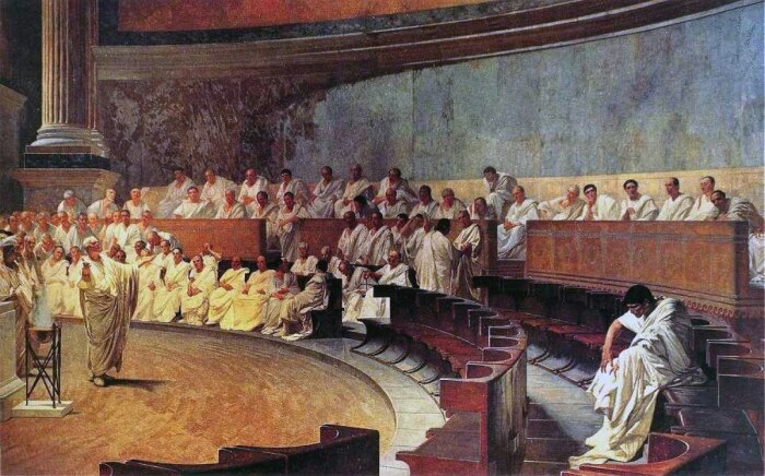 Сенат: Цицерон обличает Катилину, картина Чезаре Маккари. \ Фото: pressenza.com.