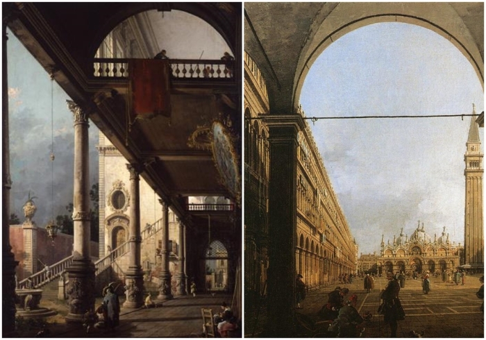 Слева направо: Перспектива с портиком, Каналетто, 1765 год. \ Площадь Сан-Марко, обращённая на Восток, Каналетто, 1760 год.