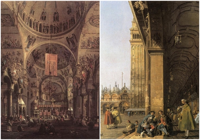 Слева направо: Сан-Марко: Интерьер, Каналетто, 1755 год. \ Площадь Сан-Марко, смотрящая на Восток с Юго-западного угла, Каналетто, 1756 год.