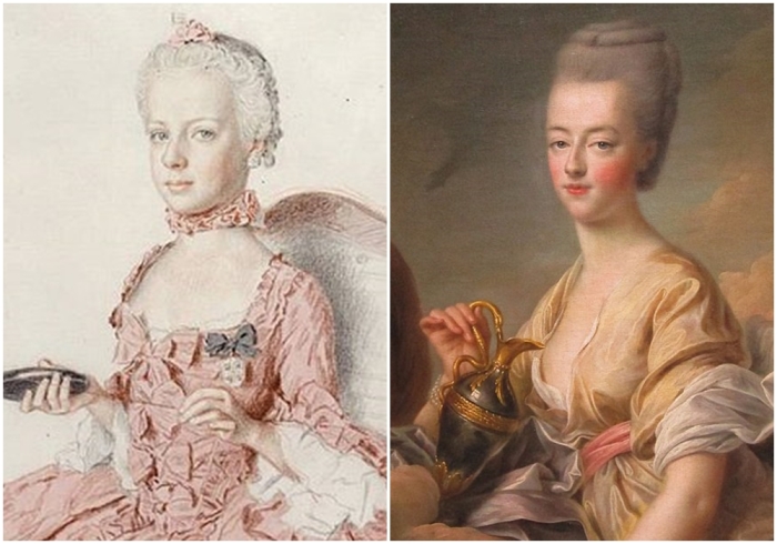 Слева направо: Мария-Антуанетта в девичестве (портрет Лиотара). \ Дофина Франции.