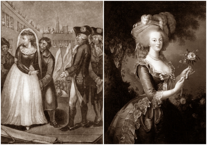 Слева направо: Несчастная Мария-Антуанетта, королева Франции, на месте казни, 1793 год. \ Мария-Антуанетта с розой, Элизабет Виже-Лебрен, 1783 год.