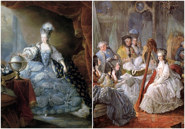 Слева направо: Королева Франции, картина кисти Жана-Батиста-Андре Готье-Даготи. \ Мария-Антуанетта играет на арфе, картина Кисти Готье-Даготи.