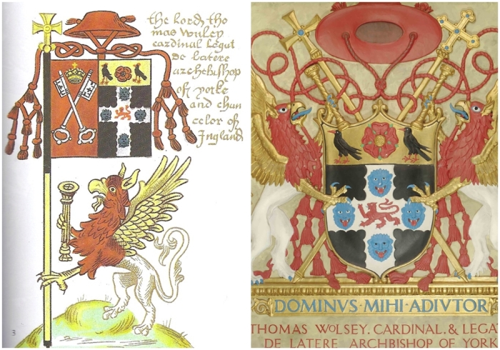 Слева направо: Геральдическое знамя Уолси как архиепископа Йоркского с изображением герба Йоркского престола, пронзающего его личный герб, и кардинальской шляпы наверху. \ Герб кардинала Уолси.