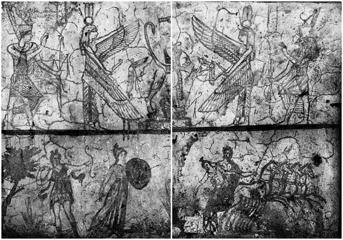 Слева направо: Египетская погребальная сцена с Анубисом в египетском стиле (вверху) и миф о похищении Персефоны в греческом стиле (внизу), Гробница Персефоны в Ком-эль-Шокафе, II век н.э.