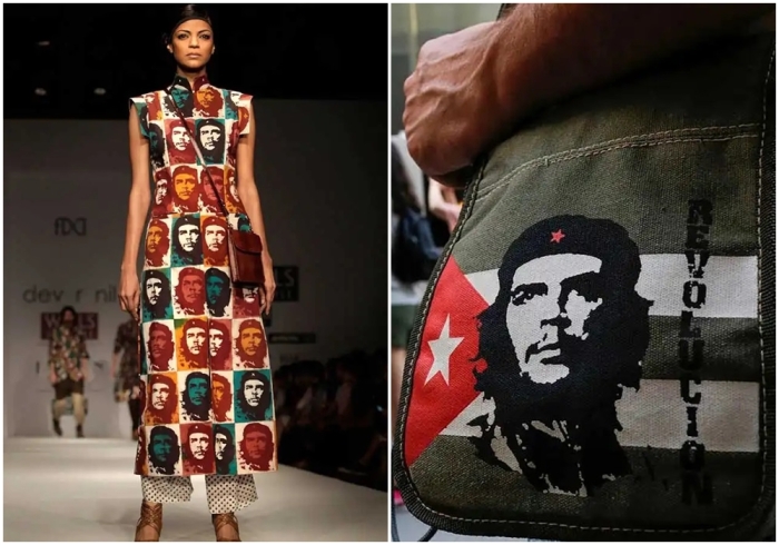 Слева направо: Платье с изображением Че Гевары, представленное на подиуме. \ Че Гевара как символ борьбы с капитализмом.