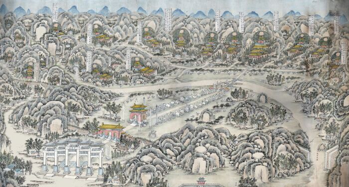 Картина с изображением гробниц династии Мин, где находится мавзолей Динлин, после 1736 года. \ Фото: historyprints.net.