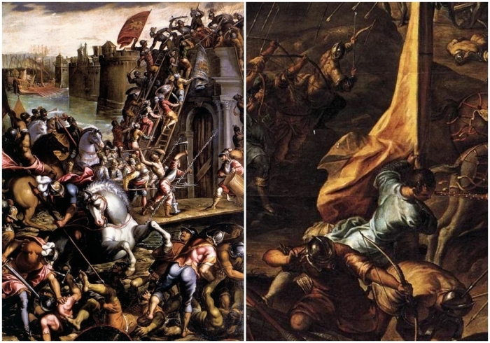Слева направо: Крестоносцы завоевывают город Зару в 1202 году, Андреа Вичентино, XVI век. \ Осада Зары, Тинторетто (фрагмент).