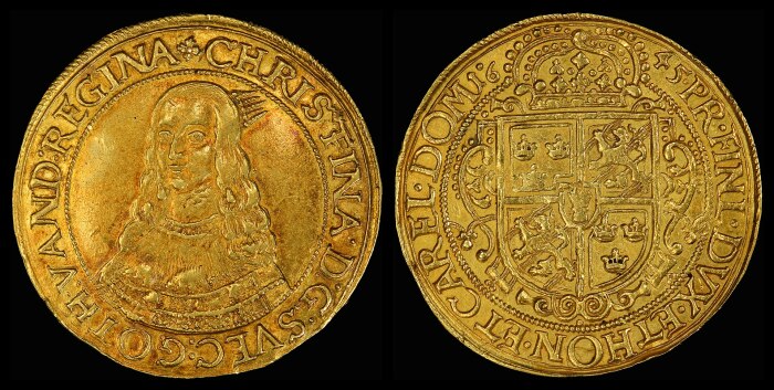 Изображение Кристины на эрфуртской монете номиналом 10 дукатов 1645 года. Между 1631 и 1648 годами, во время Тридцатилетней войны, Эрфурт был оккупирован шведскими войсками. \ Фото: i.pinimg.com.