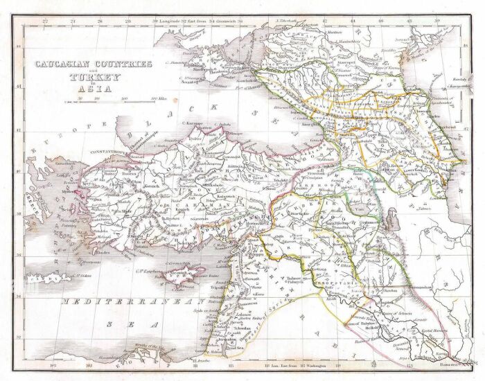 Карта кавказских стран и Турции в Азии, 1835 год. \ Фото: c8.alamy.com.