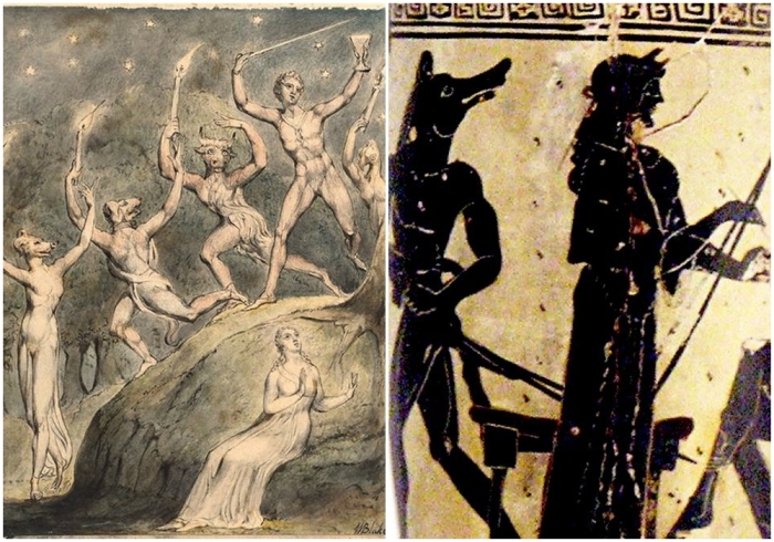 Слева направо: Цирцея. \ Цирцея на сосуде для масла, 490-480 гг. до н.э., Афины -Национальный археологический музей.