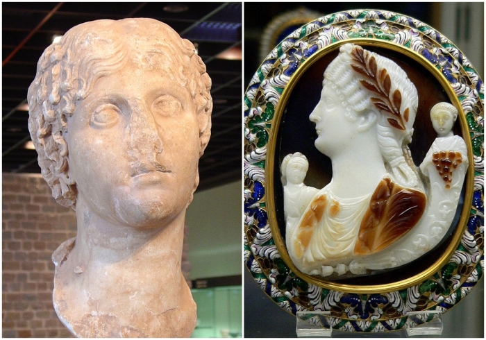 Слева направо: Агриппина Младшая. \ Камея, изображающая Мессалину с детьми, Британником и Октавией.