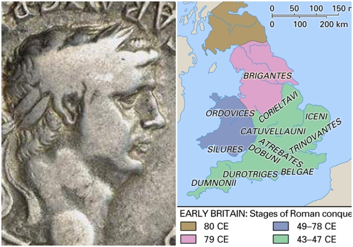 Слева направо: Изображение Клавдия на монете. \ Карта, показывающая этапы завоевания Британии римлянами.