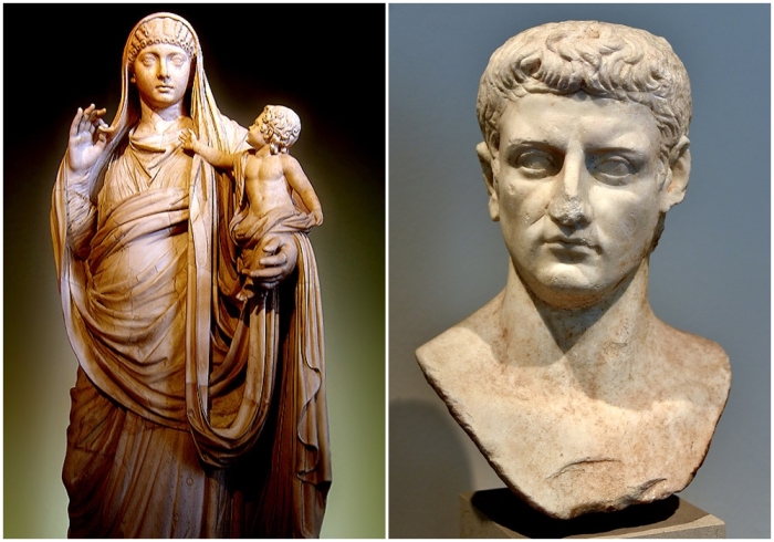 Слева направо: Мессалина держит на руках своего сына Британника, Лувр. \ Портрет Клавдия, музей Альтес, Берлин.