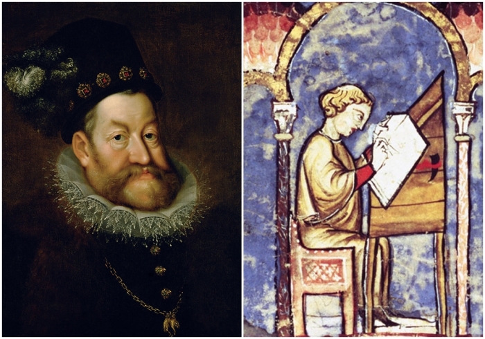 Слева направо: Картина маслом: Портрет Рудольфа II.  Монах Герман, пишущий Кодекс Гигас.