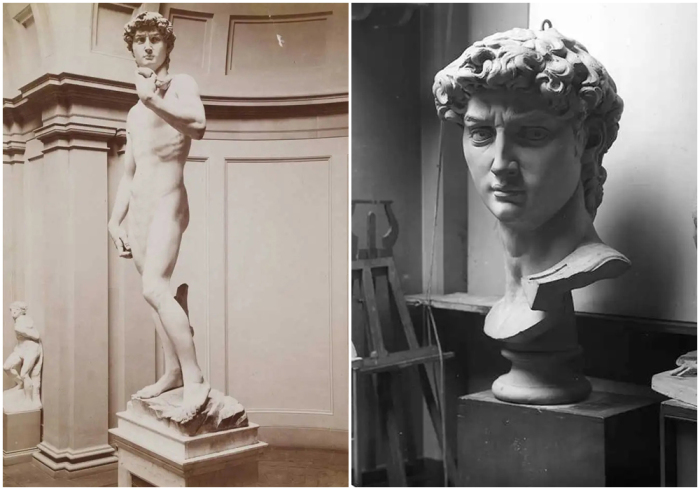 Слева направо: Давид работы Микеланджело, 1504 год. \ Негатив слепка головы Давида Микеланджело, 1881 год.