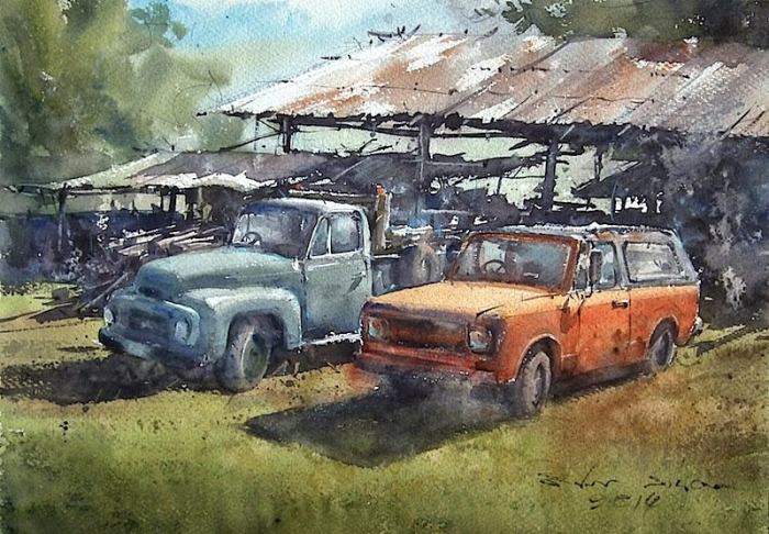 Из серии «Старые автомобили». Акварельная живопись. Таиландский художник Дирек Кингнок (Direk Kingnok).