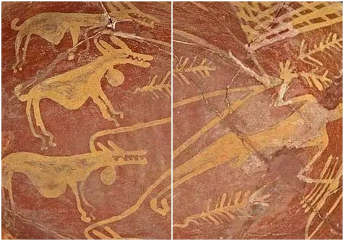 Фрагменты: Керамическое блюдо, изображающее сцену охоты, дрессировщик держит в правой руке поводки четырех собак, додинастический период, 4500-4000 гг. до н.э.