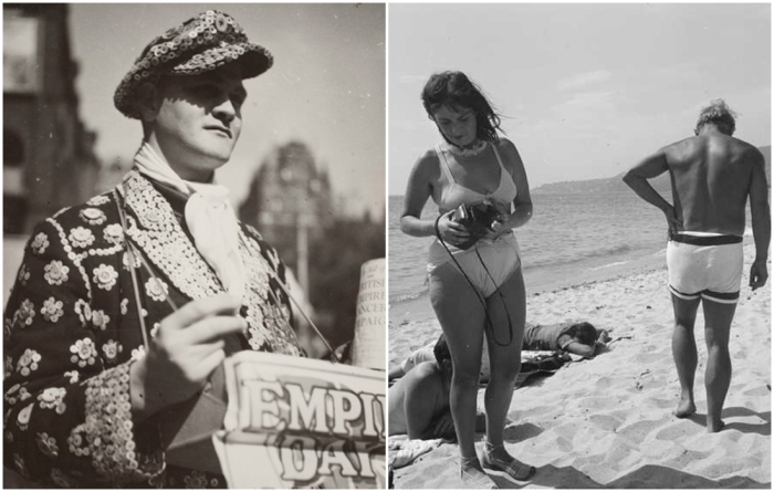 Слева направо: Жемчужный король собирает деньги на День Империи, Дора Маар, 1935 год. \ Фотография Доры Маар и Пабло Пикассо на пляже (сентябрь 1937 года).