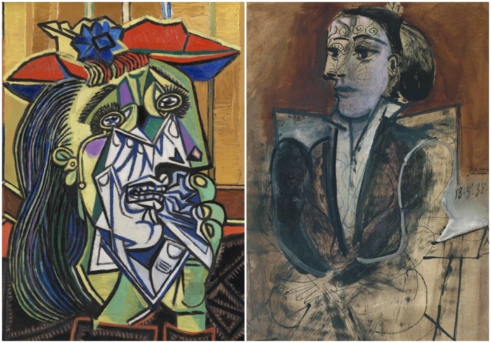 Слева направо: Плачущая женщина, Пабло Пикассо, 1937 год. \ Дора Маар сидит, Пабло Пикассо, 1938 год.