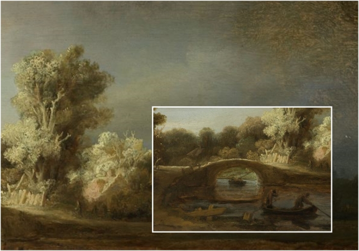Пейзаж с каменным мостом (фрагменты картины), Рембрандт ван Рейн.