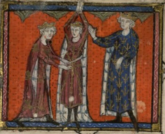 Эдуард (слева) и Филипп IV на церемонии посвящения в рыцари в соборе Парижской Богоматери, Миниатюра из «Kalila va dimna», 1313 год, Национальная библиотека Франции. \ Фото: google.com.