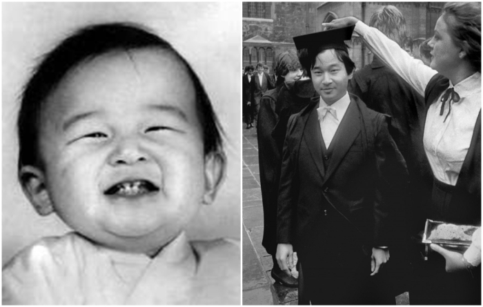 Слева направо: Нарухито в феврале 1961 года. \ Император Нарухито в Оксфордском университете, Англия, в 1980-х годах.