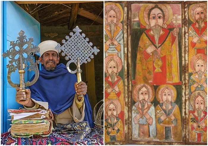 Слева направо: Эфиопский православный священник в монастыре Абба Панталеон в Аксуме. \ Иконный триптих с изображением Евстафия и восьми учеников, конец 17 века.